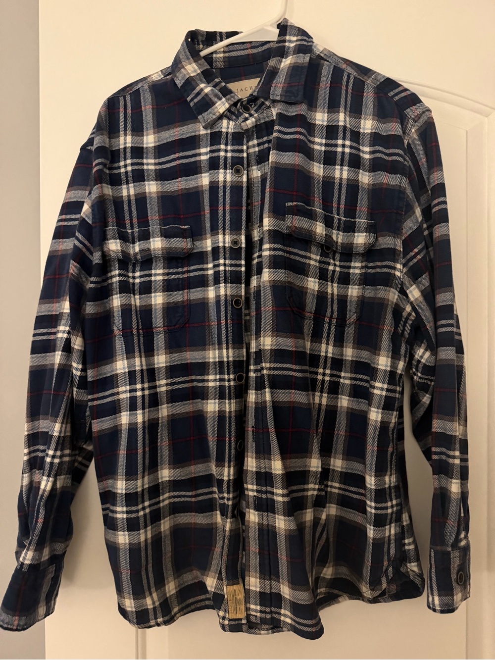 Jacobs Navy, White & Red Plaid Casual Flannel Shirt